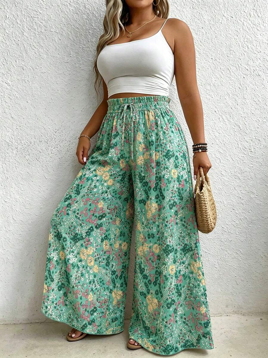 EMERY ROSE Pantalones rectos y sueltos con cintura de bolsa de papel con estampado floral pequeño, talla grande, para verano - Verde - Ver 1