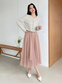Dazy Designer Women Plaid Round Neck Short Length Long Sleeve High-End Jacket,Fall Women Clothes - Apricot - View 6