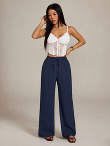 SHEIN PETITE Women Solid Color Tie Waist Straight Loose Casual Pants Winter Blue Spring - Navy Blue - View 7