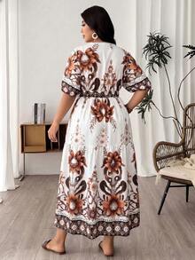 Lacomfia Plus Size Elegant Lace Patchwork Cinched Waist Dress, Casual Vacation Daily Wear Gym Brown Summer - White - View 2