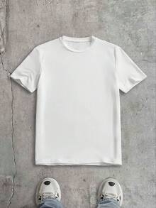 AXEPEAK 男士纯棉圆领纯色短袖T恤，适合外出、朋友聚会、夏季穿着、情侣装 - 白色 - 查看 1