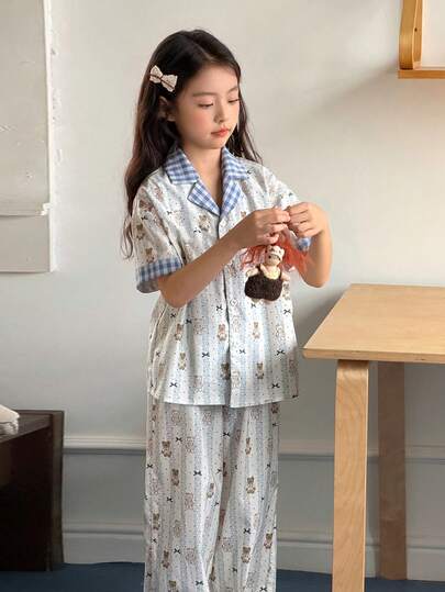 DAZY 撞色格纹短袖上衣+裤子套装，女童家居服（加大码）