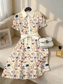 EMERY ROSE Đầm in họa tiết xuân/hè cho nữ, đầm tay phồng cổ bẻ cho nữ, đầm thắt eo cho nữ - Màu tím - Xem 4