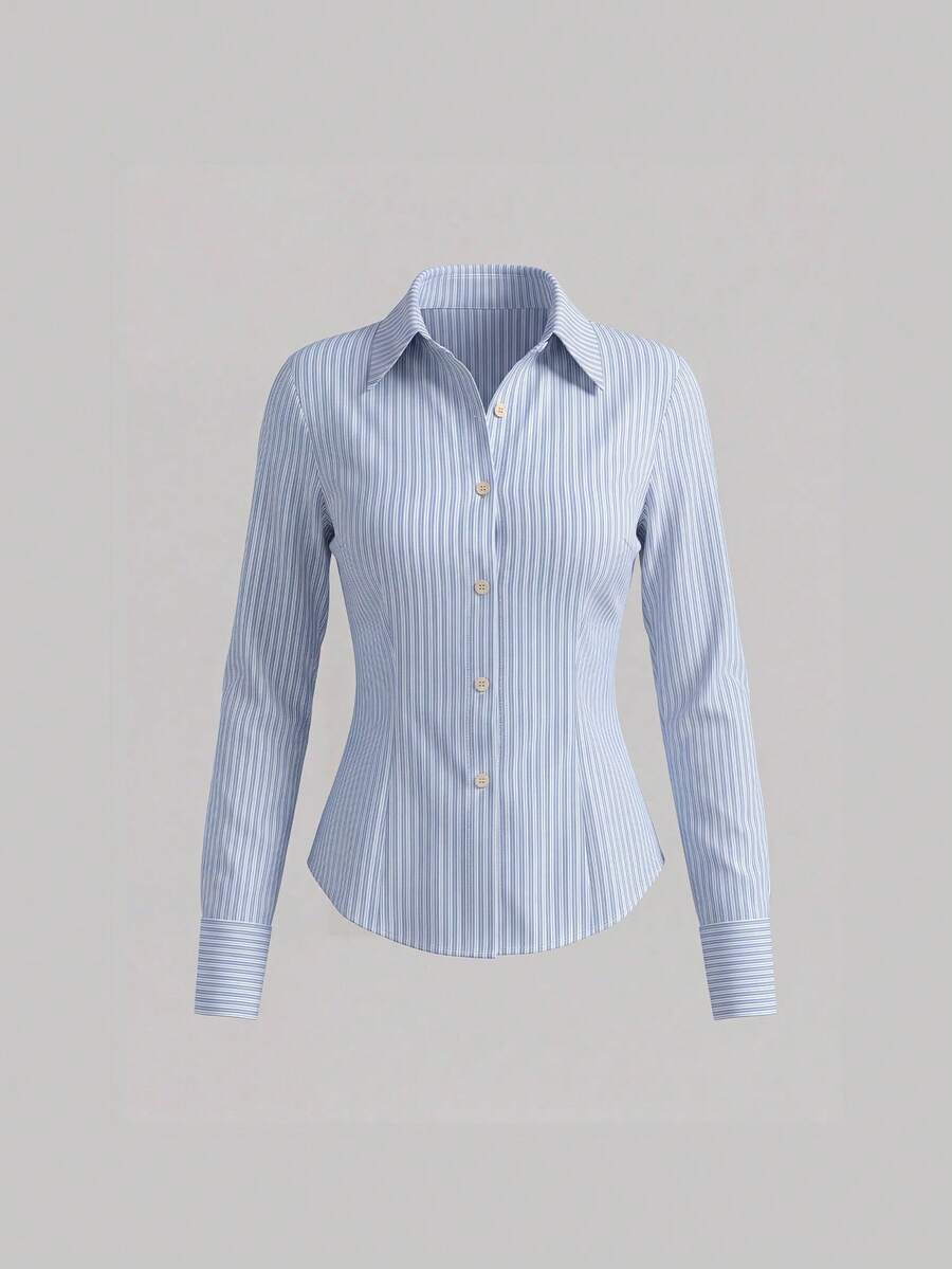 Flirla Petite Women's Casual Striped Button Front Shirt With Waist Cincher Fall Cloth For Women ,Petite Women - Multicolor - View 1