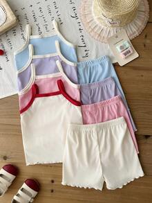 SHEIN 8件組/女嬰0-3歲 柔軟夏季配色 夏季可愛度假風 針織羅紋不對稱背心T恤上衣與短褲套裝 日常外出穿搭 - 彩色 - 查看 3