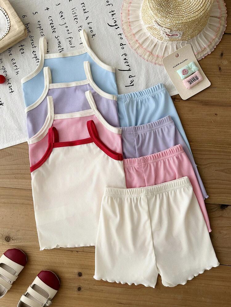 SHEIN 8件套/女婴0-3岁春夏新款休闲日常外出可爱纯色针织不对称罗纹短袖背心T恤上衣和短裤8件套 - 彩色 - 查看 2