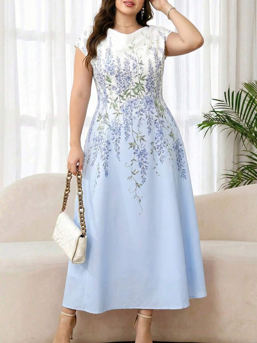 Reflora Đầm tay ngắn thanh lịch, cổ chữ V, họa tiết hoa, cỡ lớn, màu ombre. - Màu xanh nhạt - Xem 1