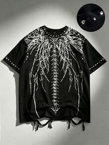 ROMWE MEN Street Life Áo thun nam tay ngắn phong cách punk nghệ thuật, đính đá lấp lánh, kiểu dáng thường ngày - màu đen - Xem 6