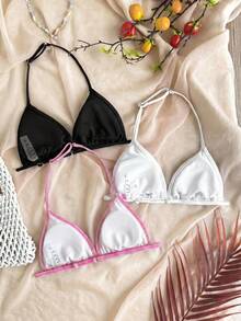 SHEIN 少女休闲度假碎花纯白色和黑色比基尼三件套 - 彩色 - 查看 2
