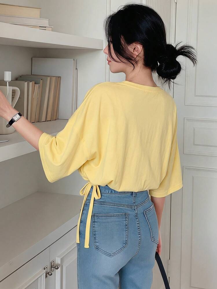 Women's Casual Solid Color Tie Hem Short Sleeve T-Shirt, Summer