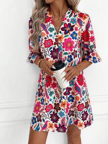 SHEIN Clasi 女士休闲碎花印花V领短袖迷你连衣裙，夏季 - 彩色 - 查看 5