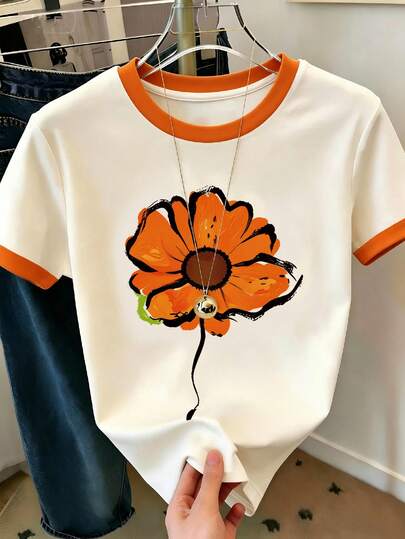 Resyla Women's Regular Fit T-Shirt, Floral Print Patchwork Design, Casual Versatile Summer Outdoor Top, Elegant Graphic, Suitable For Daily Wear, Outdoor, Shopping, Travel