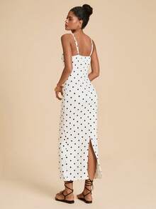 Travachic Women's Summer Fashion Vacation Style White With Black Polka Dots Floral Print Metal Decor Ruched Maxi Slip Dress Vacation French Tropical - White - View 5