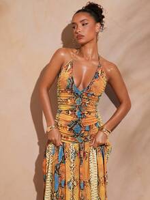 Hauture Sexy Summer Vacation Abstract Printed Deep Plunge Ruched Halter Open Back Maxi Dress - Multicolor - View 5