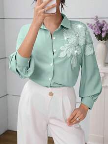 Modelyn 优雅蓝色串珠花卉落肩袖时尚女式衬衫 - 綠色 - 查看 6