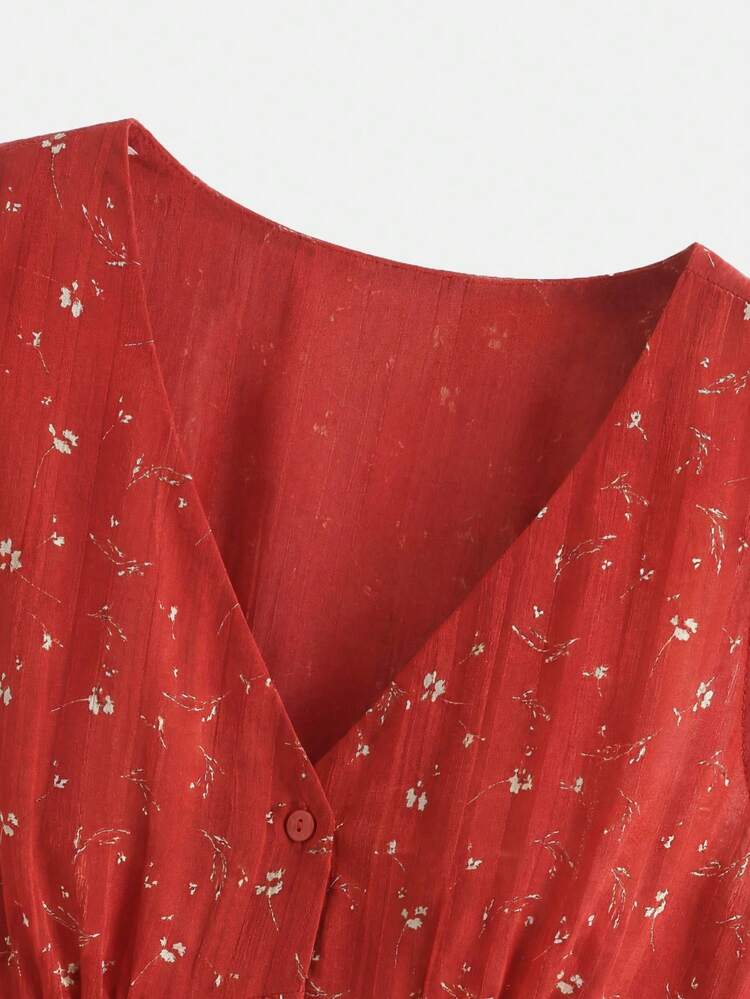 Red Floral Print Button Front Midi Tea Dress With Tie Back Detail Vintage Cute Spring Summer Elegant Dress Feminine Casual Holiday Dress French Style Dress