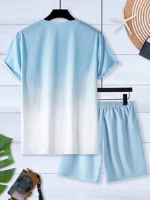 Manfinity RSRT Men's Ombre Graphic Print Round Neck Short Sleeve T-Shirt And Slant Pocket Shorts Casual Set - Multicolor - View 2