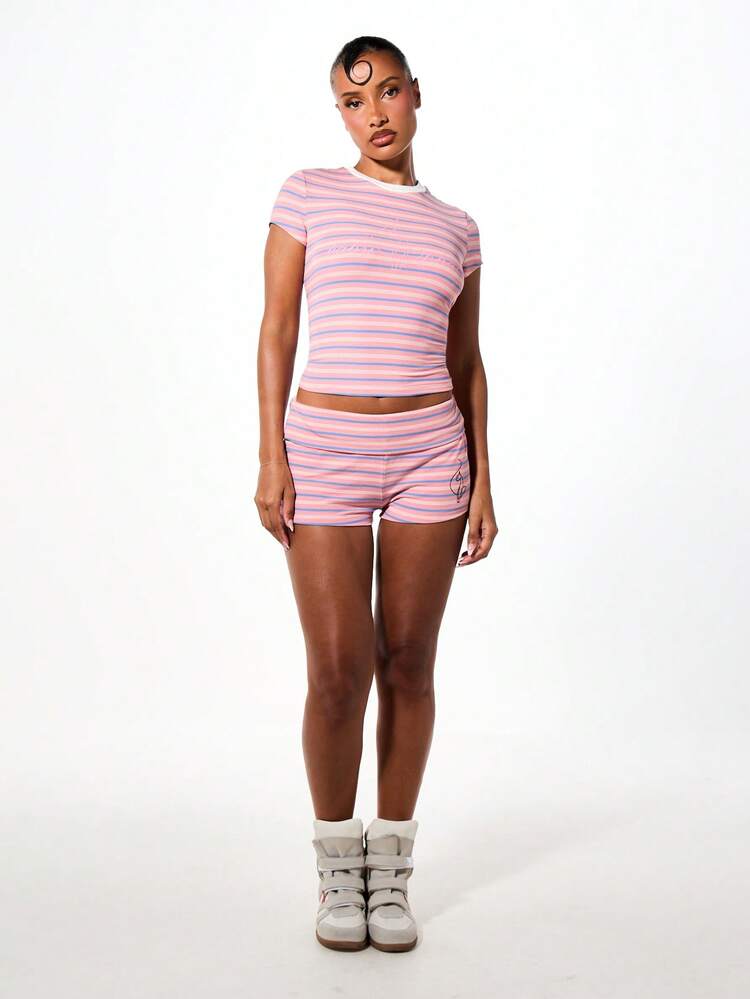 BABYPHAT Logo Stripe Ribbed Crop Tee With Contrast Trim And Short Sleeves