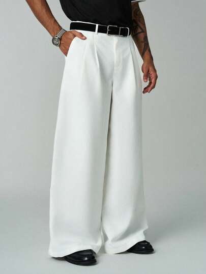 ÉpureWay Men's Casual Solid Color Pleated Slant Pocket Loose Wide Leg Pants White Baggy Pants Japanese Pants Oversized Pants Pleated Pants Loose Pants