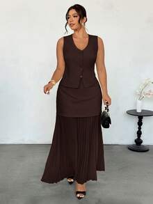 Firerie Plus Size Women Buttoned Vest Jacket And Versatile Pleated Maxi Skirt Suit Set - Coffee Brown - View 1