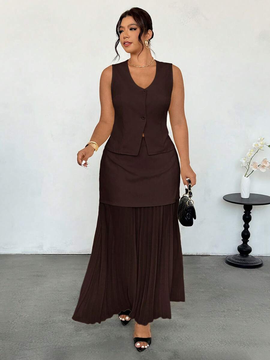 Firerie Plus Size Women Buttoned Vest Jacket And Versatile Pleated Maxi Skirt Suit Set - Coffee Brown - View 1