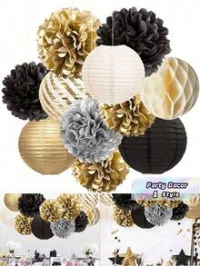 33pcs Black, Gold, Silver And Whit, Paper Flower Ball, Lantern,Party Decorations - multicolor - View 1