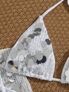 Swim SXY Bộ đồ bơi 3 món mùa hè dành cho nữ, áo bikini tam giác đính sequin gợi cảm, quần bikini tam giác buộc dây bên hông và chân váy mini đính sequin. - trắng - Xem 3