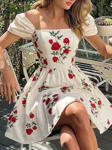 SHEIN MOD Đầm ngắn trễ vai in hoa thanh lịch dành cho nữ - Nhiều màu - Xem 1