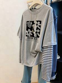 Resyla 1 buah Kaos Wanita Kasual Longgar Leher Bulat - Grey - View 3
