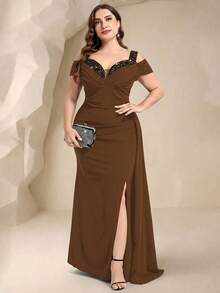 Coutiva Đầm dạ hội cỡ lớn dành cho nữ, kiểu dáng trễ vai, đính sequin và ghép mảnh. - màu nâu - Xem 5