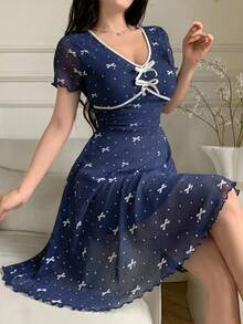 Feyla 女士波点蝴蝶结印花短袖优雅迷你连衣裙 - 藏蓝色 - 查看 4
