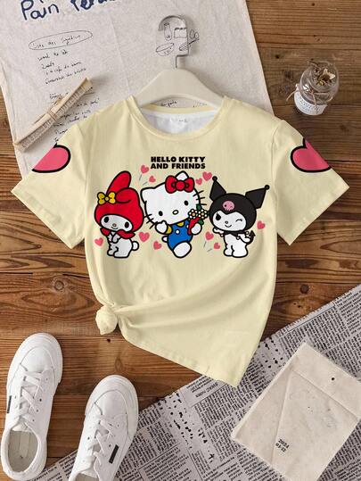 HELLO KITTY AND FRIENDS | SHEIN 少女卡通印花圆领短袖休闲百搭T恤