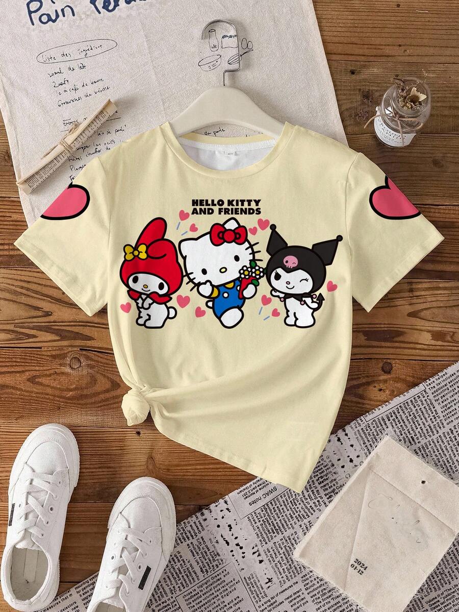 HELLO KITTY AND FRIENDS | SHEIN 少女卡通印花圆领短袖休闲百搭T恤 - 白色 - 查看 1