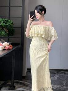 DAZY Spring Summer Hollow Lace Ruffle Casual Vacation Style Beach Elegant Commute Yellow Women's Mid-Length Dress Sundress - Yellow - View 11