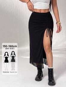 SHEIN PETITE Women's Black Knitted Drawstring High-Slit Bodycon Skirt - Black - View 1