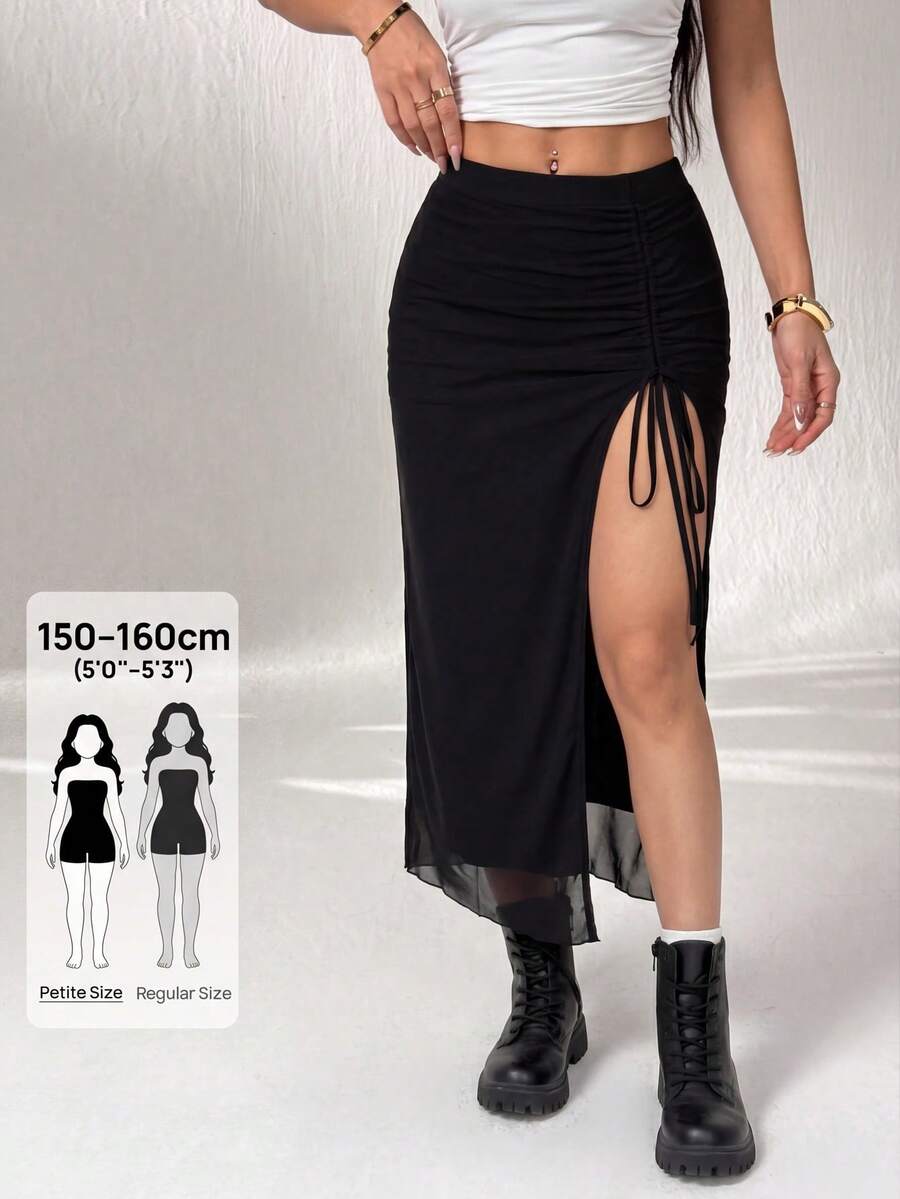 SHEIN PETITE Women's Black Knitted Drawstring High-Slit Bodycon Skirt - Black - View 1