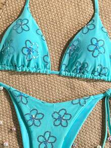 SHEIN Swim 两件套彩色亮片特殊面料三角杯文胸和侧系带泳裤性感比基尼套装，春夏款 - 薄荷藍 - 查看 5