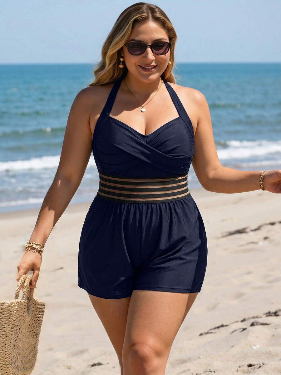 Swim Lushoire Elegant Adjustable Strap Plus Size One-Piece Palazzo Pants For Vacation - Navy Blue - View 1