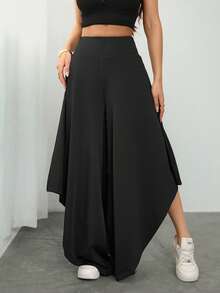 SHEIN PETITE Quần dài nữ dáng rộng bất đối xứng, thích hợp cho mùa xuân/hè, lễ tốt nghiệp và mùa thu. - màu đen - Xem 8