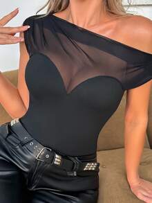 SHEIN Tall 女款性感透視網紗拼接無袖連身衣，黑色，夏季度假穿搭 - 黑色 - 查看 5