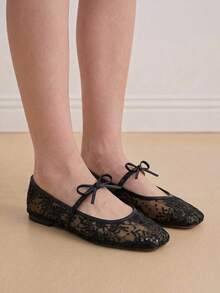 Eladyva Ballerines plates noires pour femmes, avec nœud, décor de fleurs brodées, maille respirante, bout carré, paillettes, convient aux pieds larges/grande taille, été - Noir - Voir 3