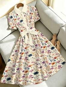 EMERY ROSE Đầm in họa tiết xuân/hè cho nữ, đầm tay phồng cổ bẻ cho nữ, đầm thắt eo cho nữ - Màu tím - Xem 3