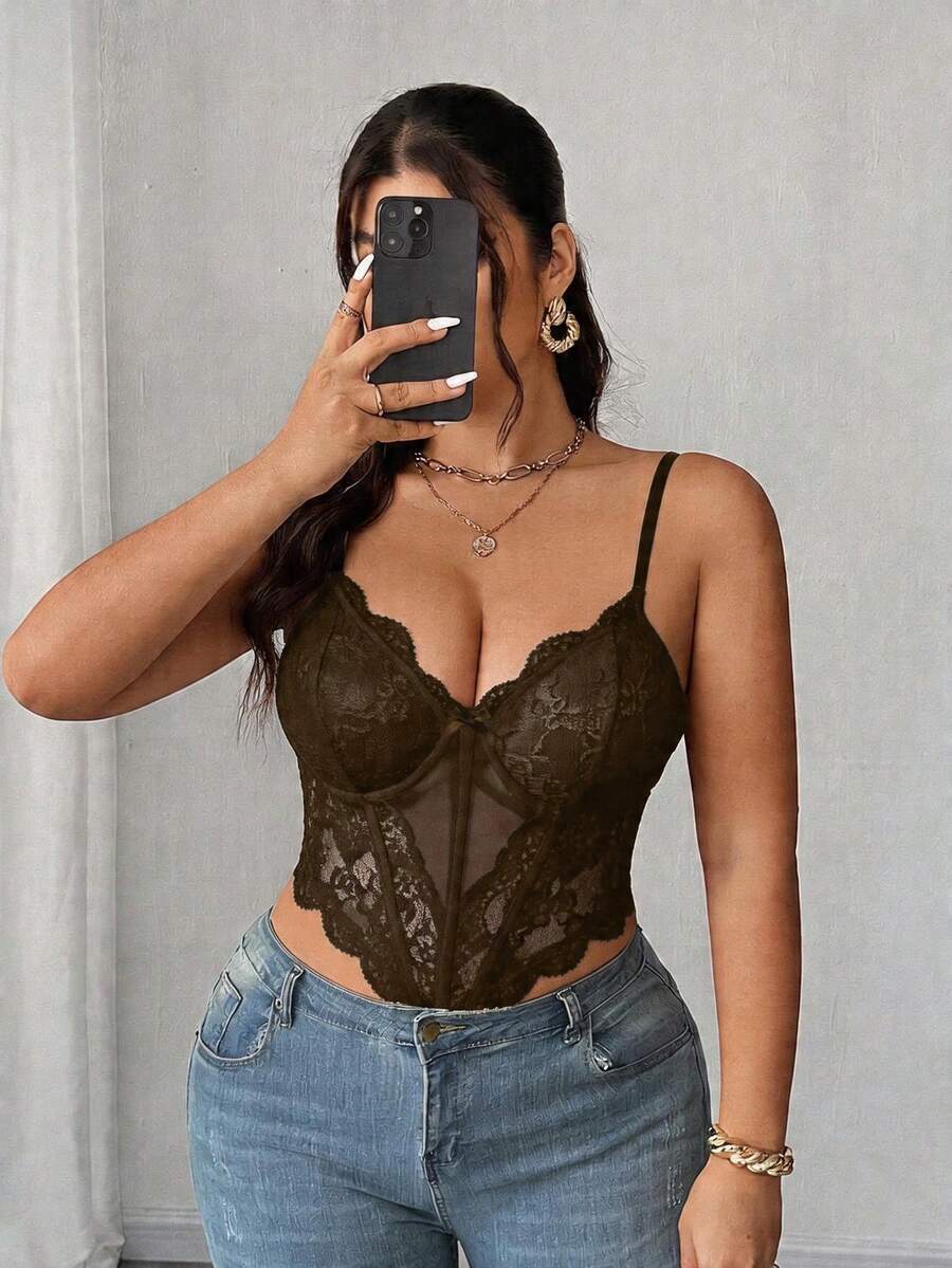 Viva Relle Große Größen Sexy Alltagsunterwäsche Bügel-BH Fischgräten Spitze Mesh Patchwork Schleife Trägerhemd - Kaffeebraun - Übersicht 1