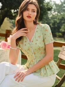 Blusa de Manga Corta para Mujer, Estampado Floral Vintage, con Ribete de Encaje, Elegante, Casual, para Vacaciones de Verano, Atuendo de Moda - Albaricoque - Ver 6