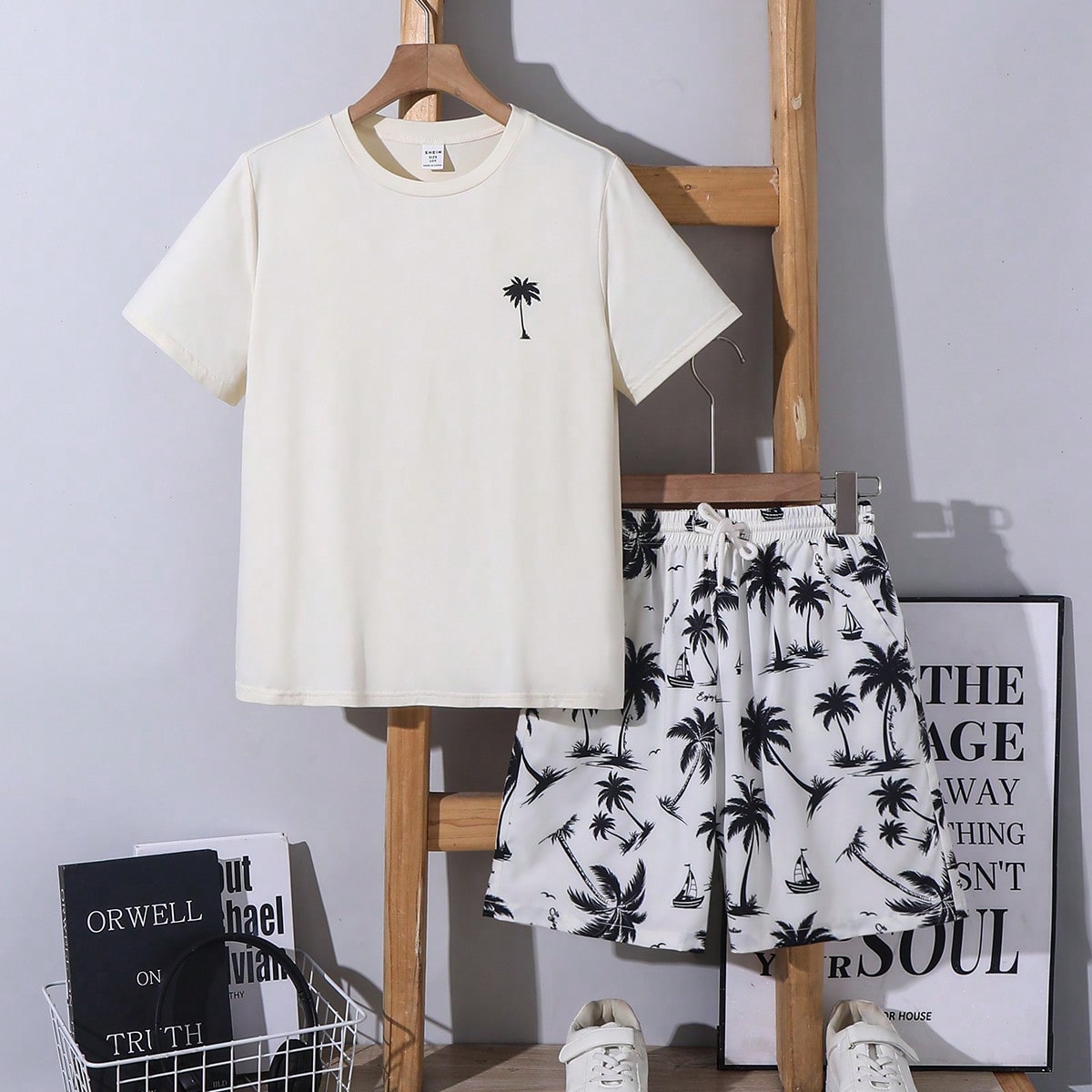 Set de 2 piezas de camiseta de manga corta con cuello redondo y estampado de coco, y pantalones cortos para niños/preadolescentes, adecuado para ir y
