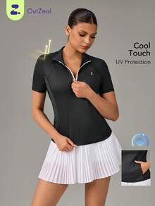 OutZeal Kaos Olahraga Wanita Hitam untuk Gym, Golf, Musim Panas, Perlindungan UV UPF50+, Sentuhan Dingin, Bagian Depan Setengah Resleting, Lengan Pendek - Hitam - View 1