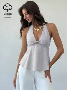 Aloruh Áo sơ mi nữ dáng chữ A bằng vải lanh, trang trí kim loại, thích hợp cho mùa xuân/hè. - Màu xanh nhạt - Xem 8