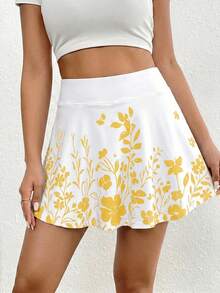 SHEIN Essnce Women's Summer High Waist Skort With Phone Pocket Minimalist Flower Printed With Pockets - Yellow - View 5