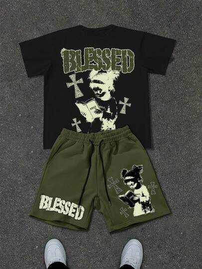 Manfinity EMRG Men's Round Neck Letter & Cross Print Short Sleeve T-Shirt And Shorts Casual Daily Outfit