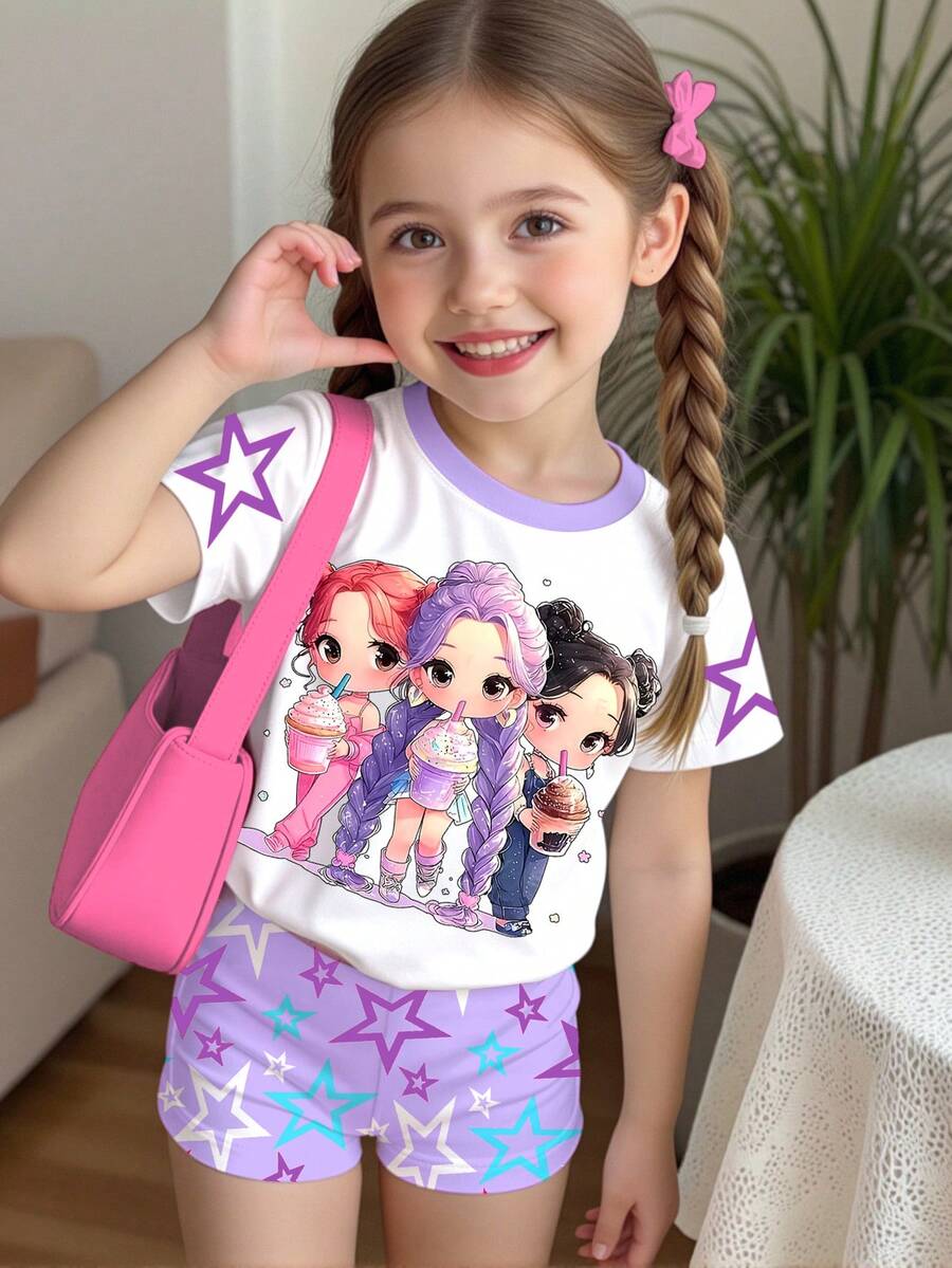 Young Girl Cartoon Print Round Neck Short Sleeve T-Shirt And Shorts Casual Daily Outfit - Multicolor - View 1